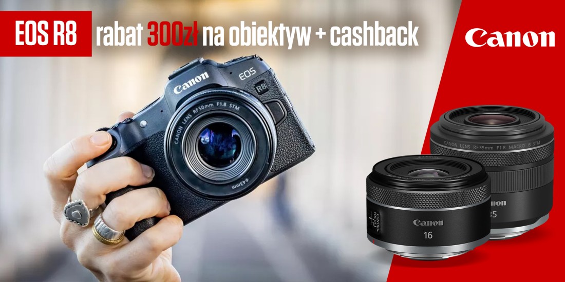 Kup aparat Canon EOS R8 i dobierz obiektyw z rabatem 300zł.