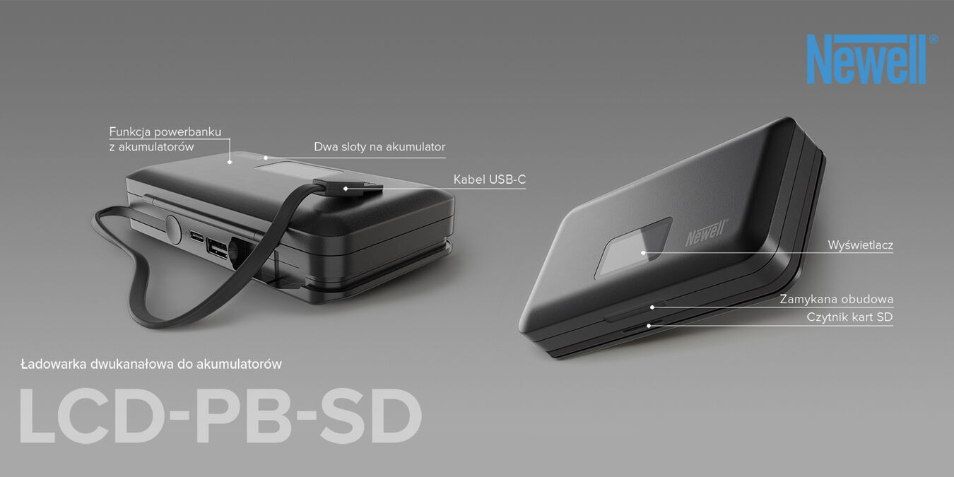 Nowość: ładowarka dwukanałowa Newell LCD z funkcją powerbanku i czytnikiem SD