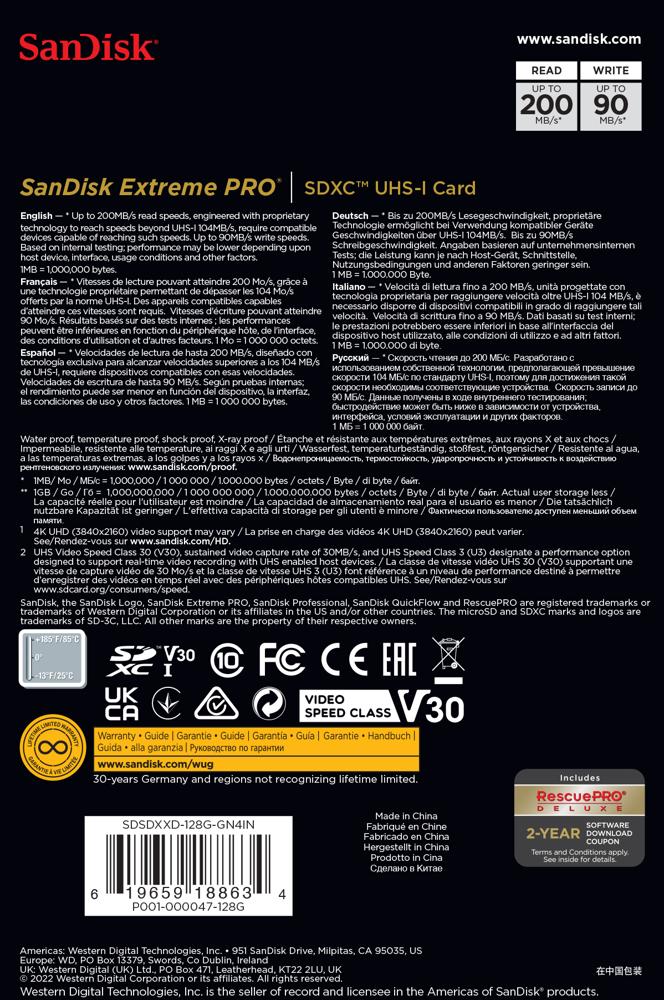Karta pamięci SanDisk SDXC Extreme PRO 128GB (200MB/s) V30 UHS-I U3/SDSDXXD-128G-GN4IN