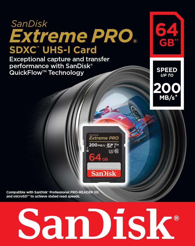 Karta pamięci SanDisk SDXC Extreme PRO 64GB (200MB/s) V30 UHS-I U3/SDSDXXU-064G-GN4IN