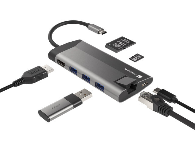 Adapter HUB 8w1 Natec Fowler Plus 3xUSB 3.0, USB-C, HDMI 4K, RJ45, SD, micro SD (NMP-1690)
