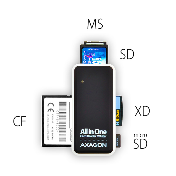 Czytnik kart SD, microSD, MS, CF oraz xD.