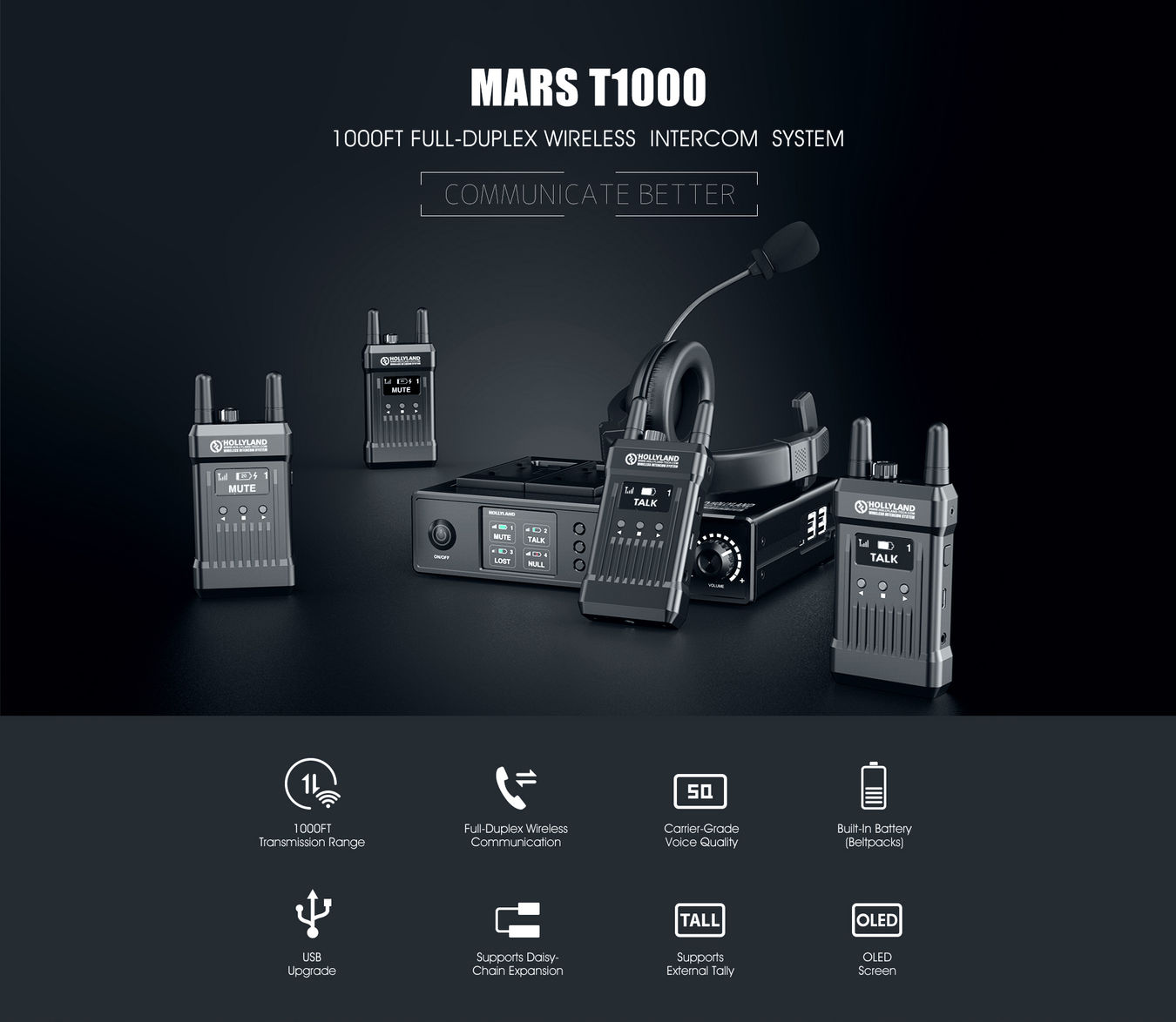 Hollyland Mars T1000 Full-Duplex Intercom - zasięg 300m