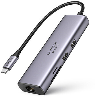 Adapter 6w1 UGREEN CM512 Hub USB-C do 2x USB + HDMI + USB-C + RJ45 + TF/SD szary