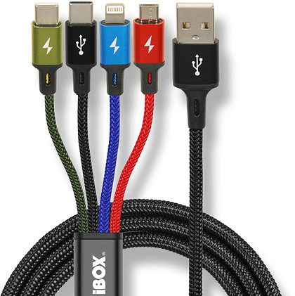 Kabel iBOX Multi USB 4W1 USB-C, micro-USB, Lightning 1,2m czarny/wielokolorowy (IKUM4W1CLR)