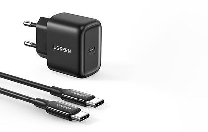 Ładowarka sieciowa UGREEN CD250 25W USB-C (czarna) + kabel USB-C do USB-C 2m (czarny) | Wietrzenie magazynu!