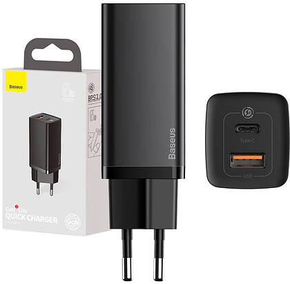 Ładowarka sieciowa Baseus GaN2 Lite, USB-A + USB-C, 65W, EU (czarna)